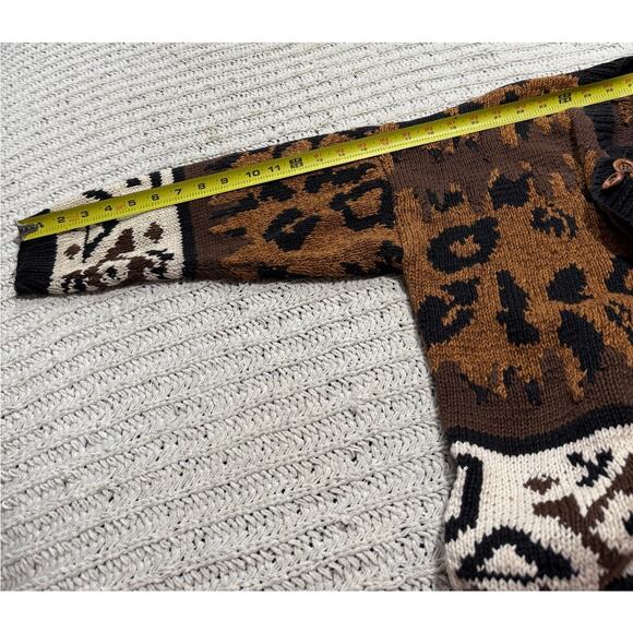 VTG Express Sweater Cardigan 1990s Hand Knit Leopard Womens Med Oversized Brown - Picture 6 of 13